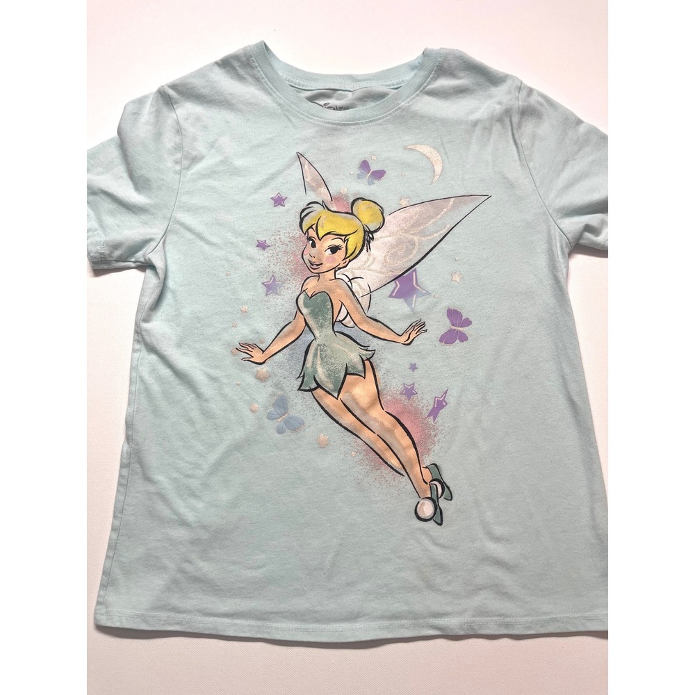 Disney Tinkerbell Light Blue Graphic T-Shirt Girls Large 10-12 Glitter Fairy 407